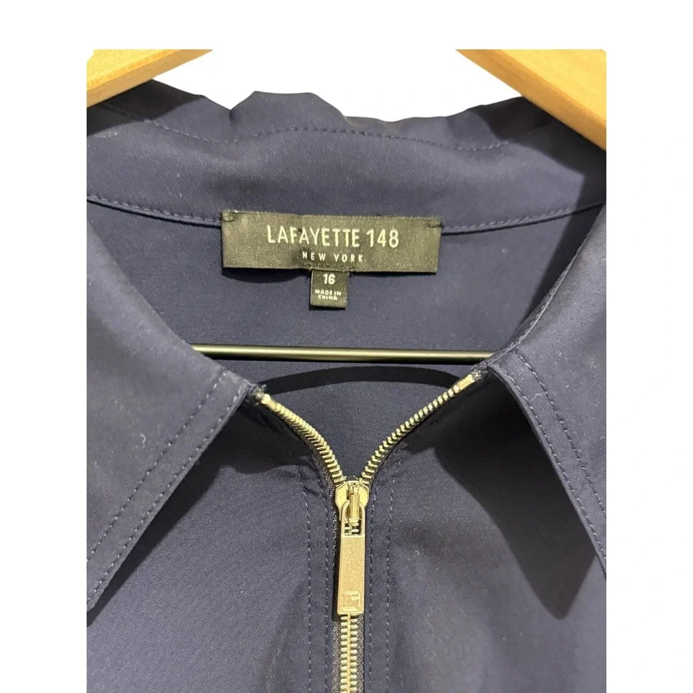 Lafayette 148 New York Zip Front Blouse Sz 16 Navy Stretch Cotton Collared Top - Picture 3 of 14